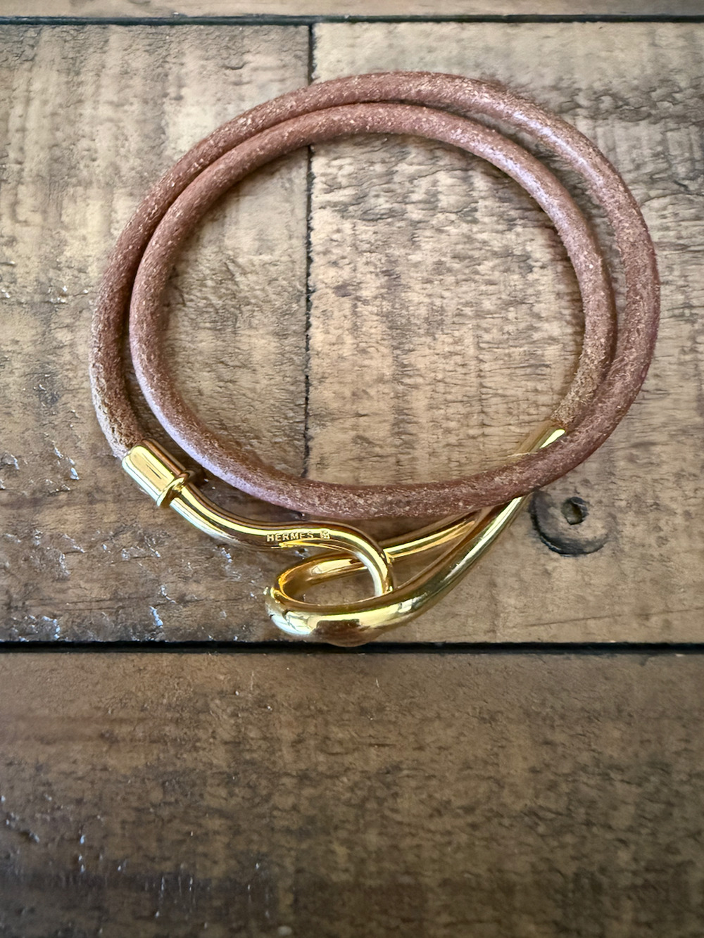 Hermes Brown Leather Wrap Bracelet 6.8 In Gold Tone Hook Clasp Jewelry Gift